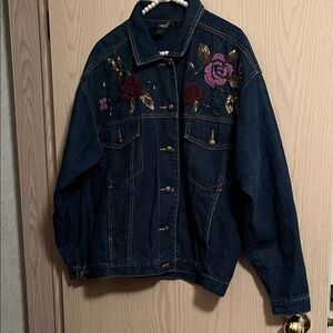 Embroidered Floral Denim Jacket - Dark Blue